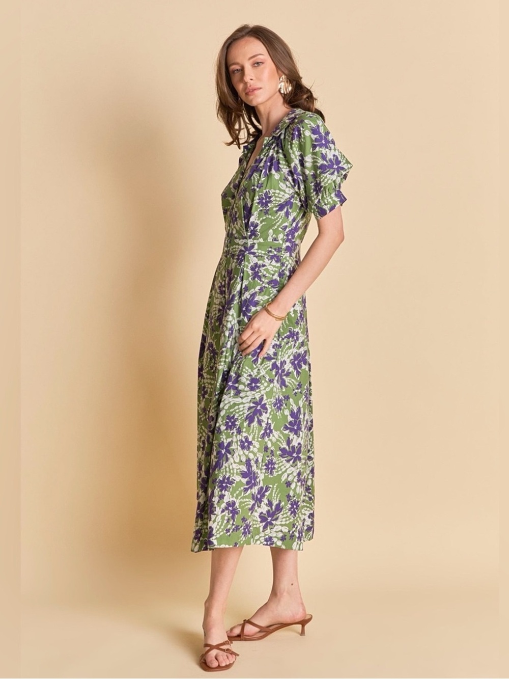 NWT English Factory Green Purple Floral Printed Midi Dress Size Small